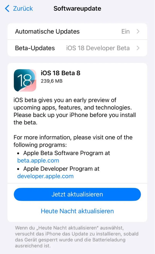 梅河口苹果手机维修分享苹果 iOS / iPadOS 18 开发者预览版 Beta 8 发布 